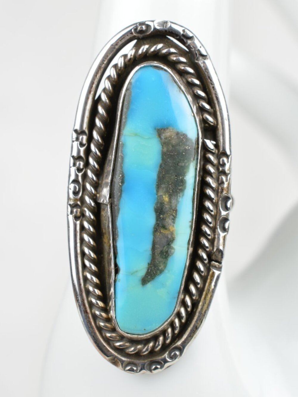 Navajo Sterling Silver Elongated Turquoise Statement Ring Size 7.75 Vintage